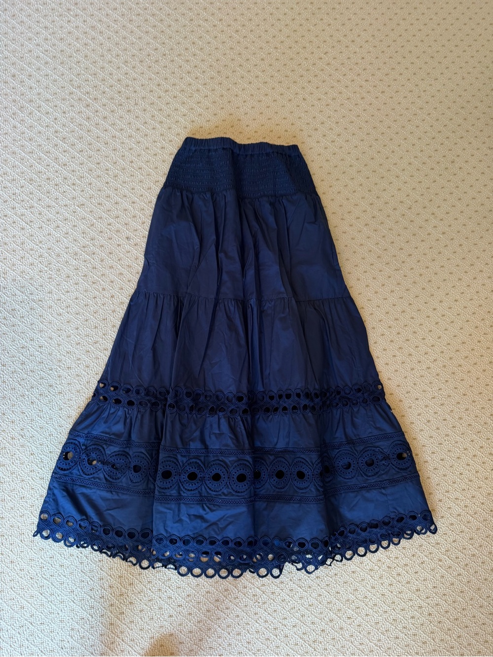Smocked Waist Navy Maxi Skirt with Eyelet Trim